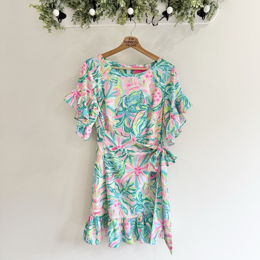 Lilly Pulitzer Darlah Stretch Faux Wrap Floral Dress Ruffle Sleeve Size 8 gg5718